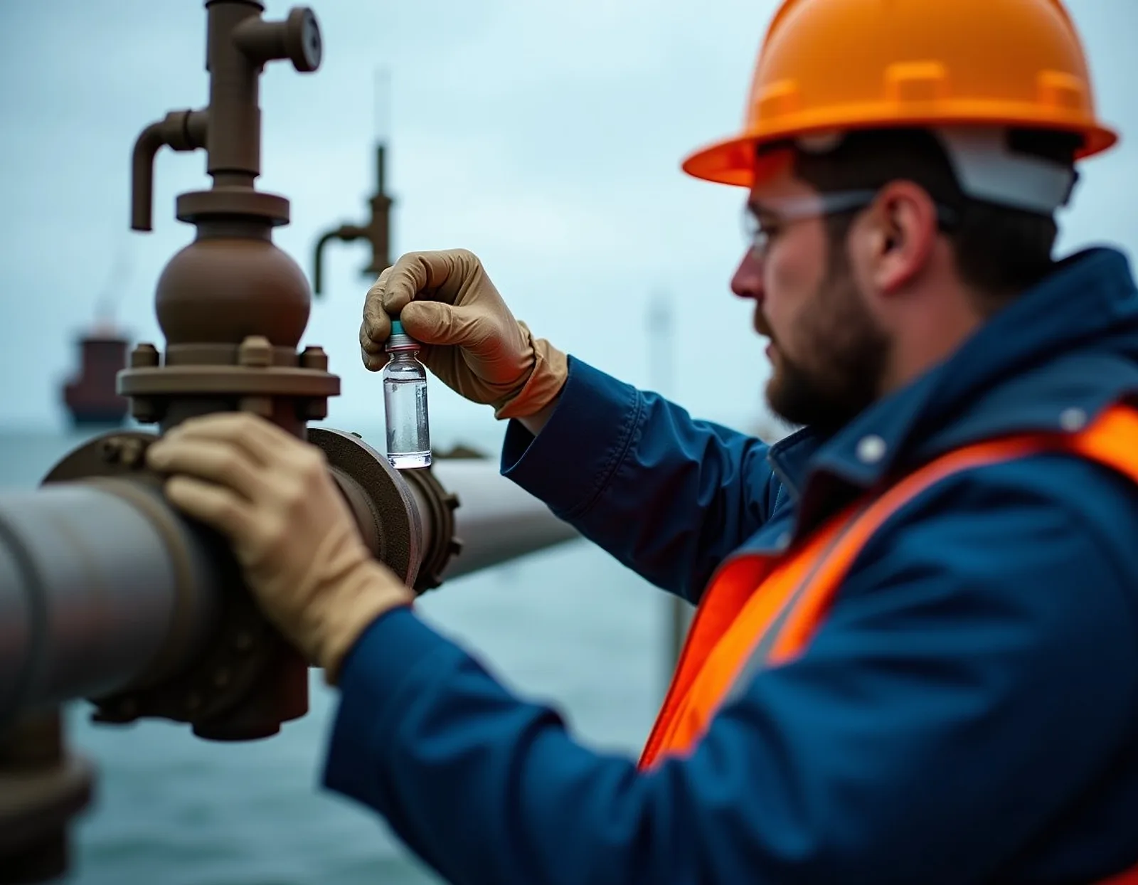 Technician in a hard hat and gloves filling a small clear sample bottle from a sampling valve on a ship pipeline