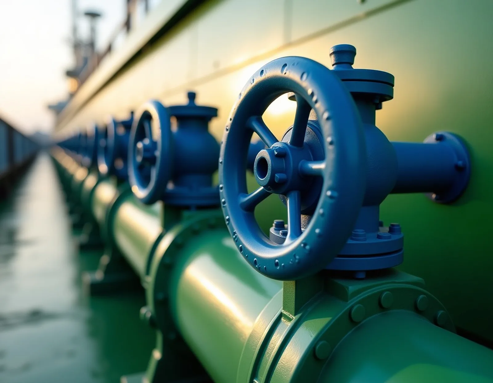 Close-up of green painted ship deck pipeline with blue valve handwheels on a clean deck