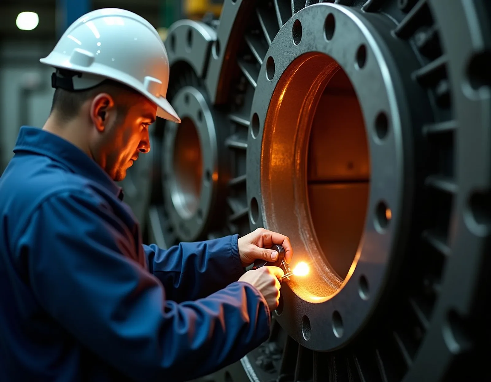 Technician with a torch and measuring tool examining the open cylinder head of a large ship diesel engine
