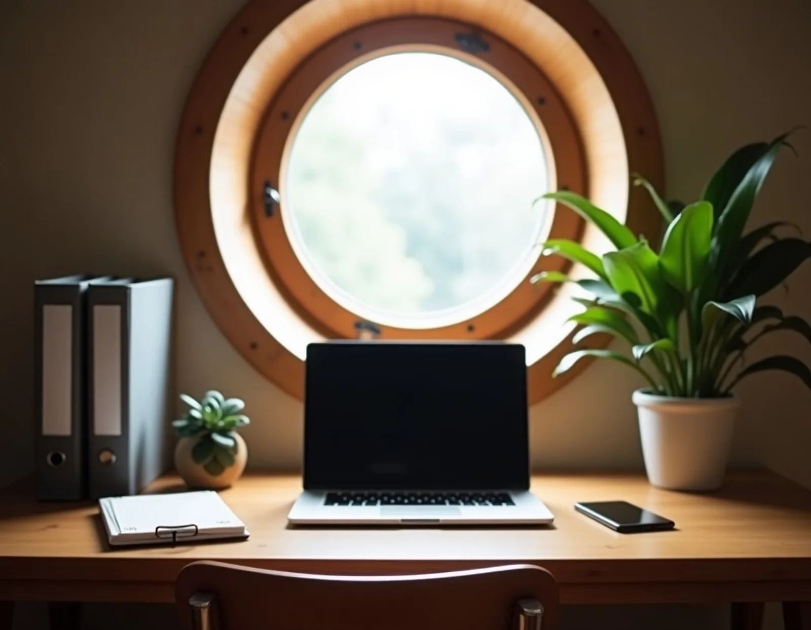 Tidy wooden desk with a laptop, ring binders and a small green plant beside a round porthole window